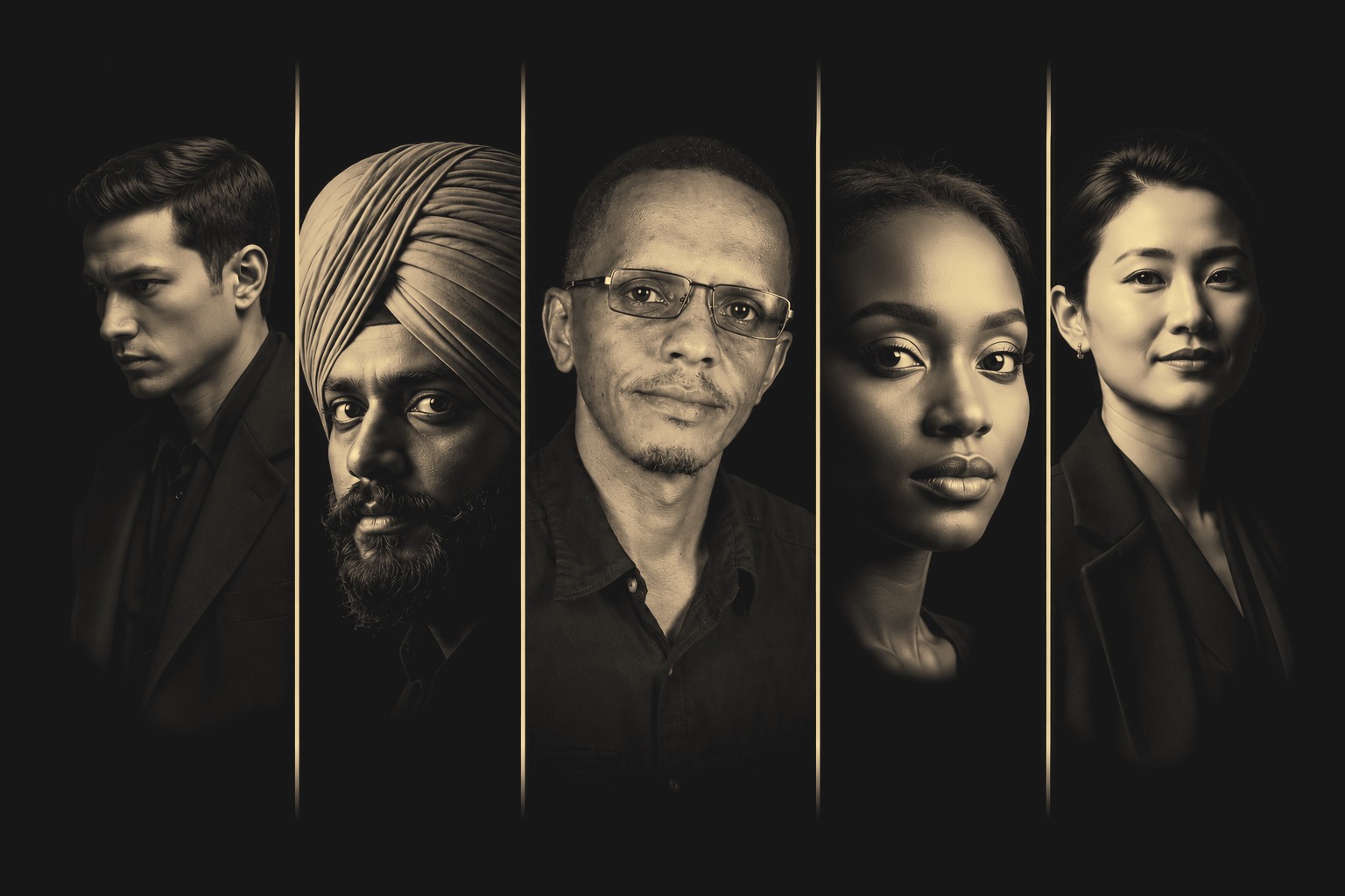 Five portraits in black, gold and quiet light — the people Quietore is built for